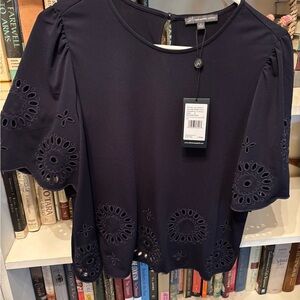 Adrianna Papell Navy Blouse with Eyelet Design